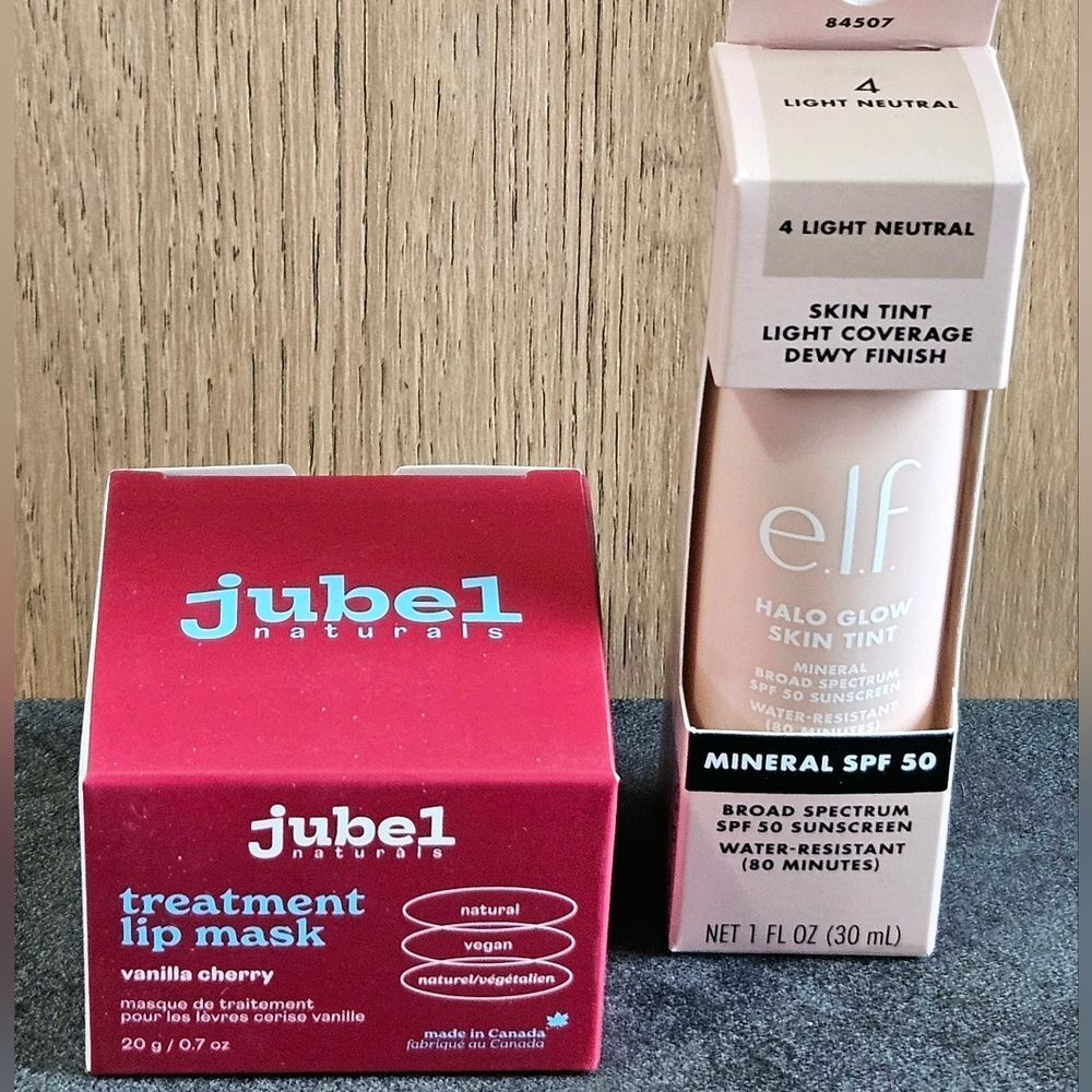 ELF Shade 4 Light Neutral Halo Glow Skin Tint & JUBEL Vanilla Cherry Lip Mask